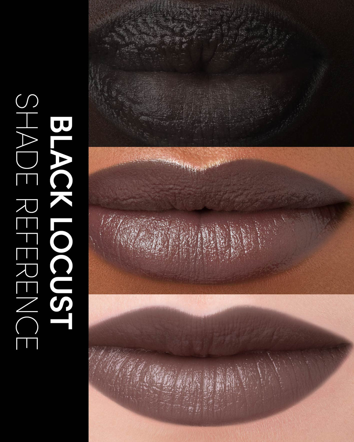 Three different lips wearing Rituel de Fille Black Locust lipstick with 'Black Locust Shade Reference' text