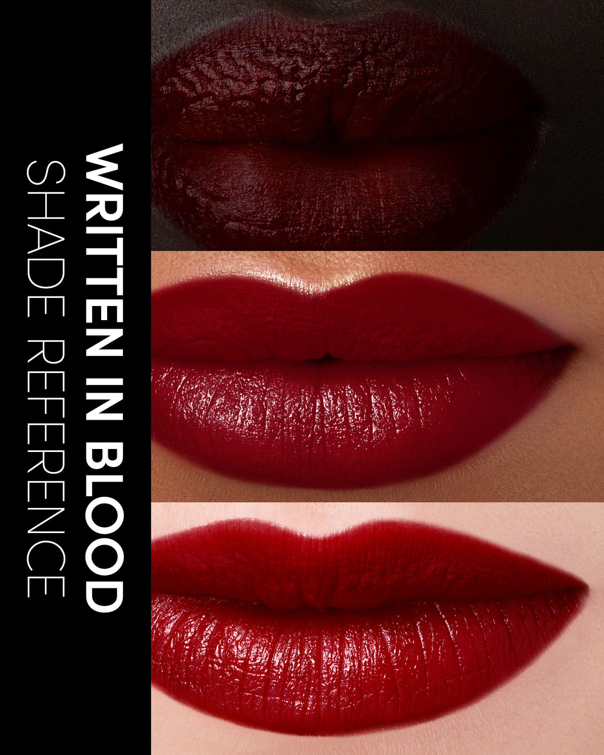 Lipstick shades labeled 'Written in Blood' on a dark background