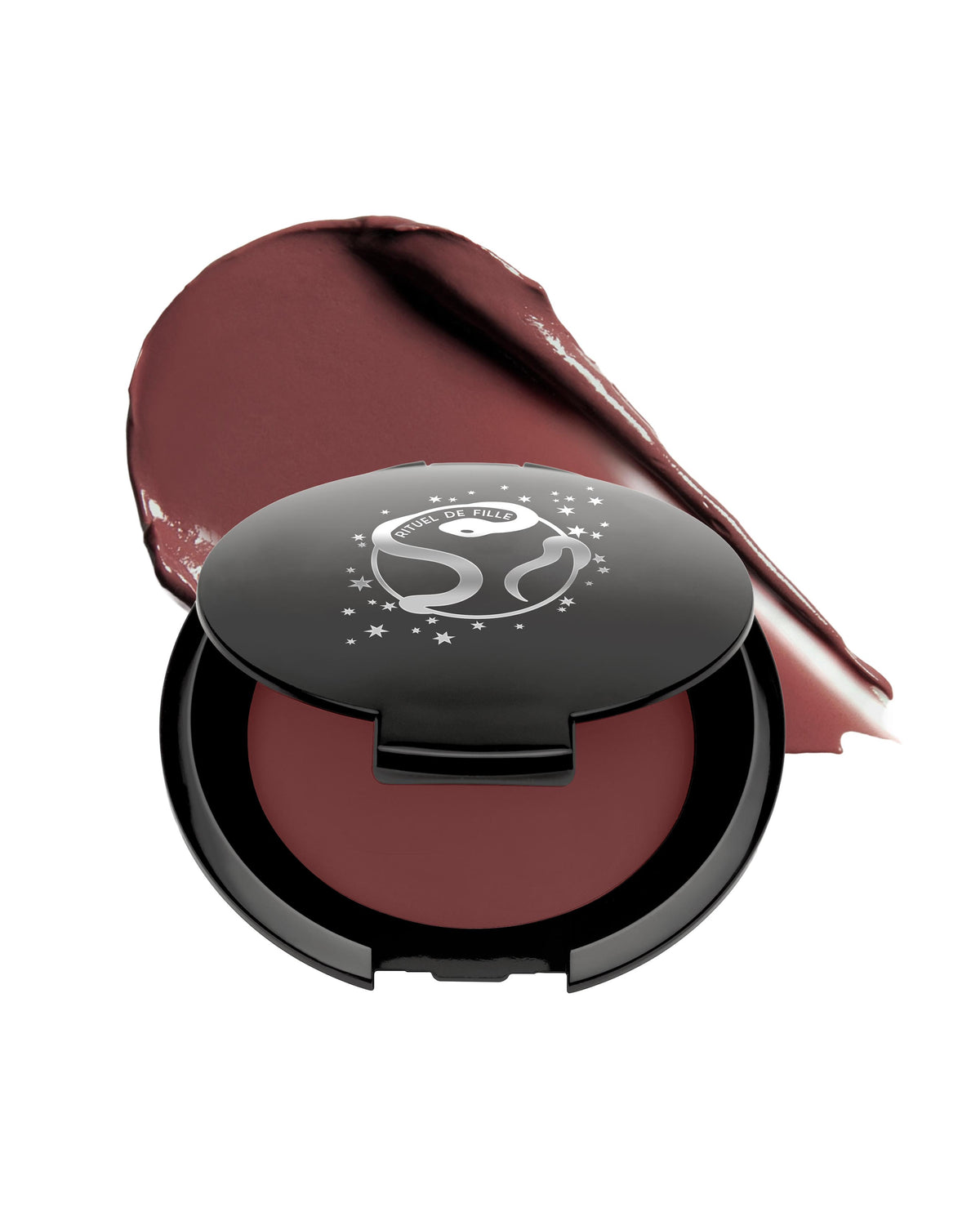 Nude pink makeup in black compact with Rituel de Fille logo on a white background